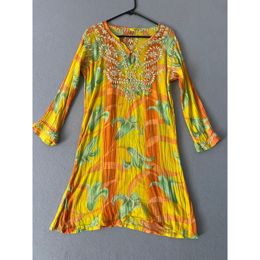Raj Tunic Women's XL 100 % Cotton Long Sleeve Floral Orange Yellow Green